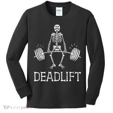 DEADLIFT Funny Halloween Skeleton Weight Lifting Workout Kids Long Sleeve Shirt