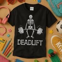DEADLIFT Funny Halloween Skeleton Weight Lifting Workout Kids T-Shirt thumb 3