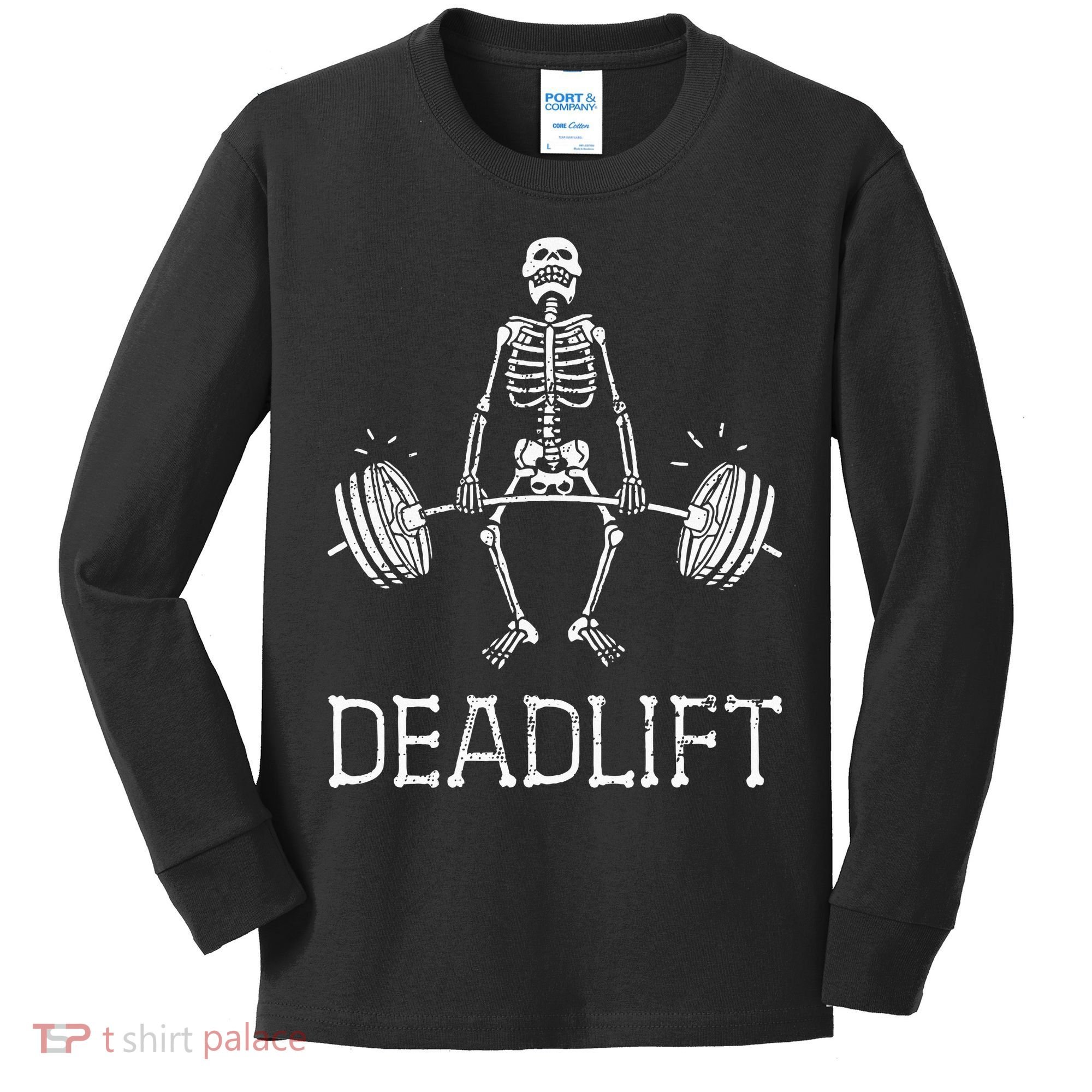 DEADLIFT Funny Halloween Skeleton Weight Lifting Workout Kids Long Sleeve Shirt