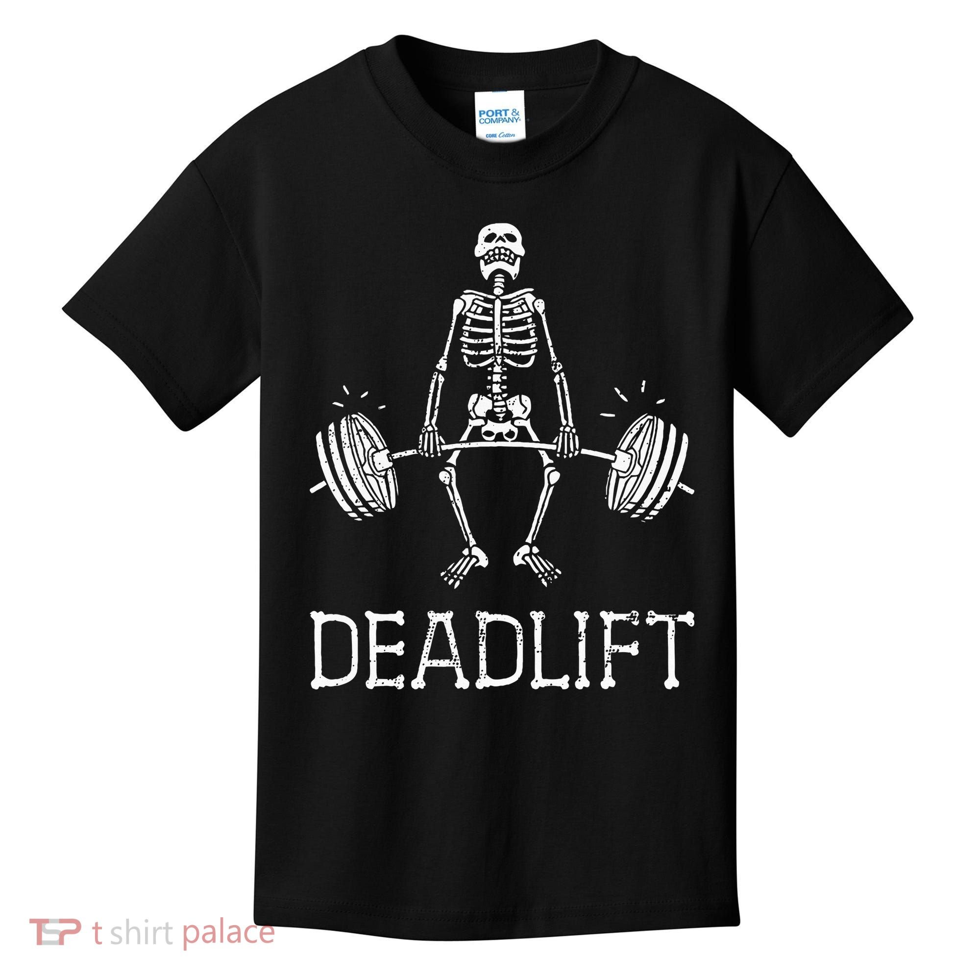 DEADLIFT Funny Halloween Skeleton Weight Lifting Workout Kids T-Shirt