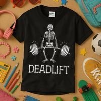 DEADLIFT Funny Halloween Skeleton Weight Lifting Workout Kids T-Shirt thumb 3