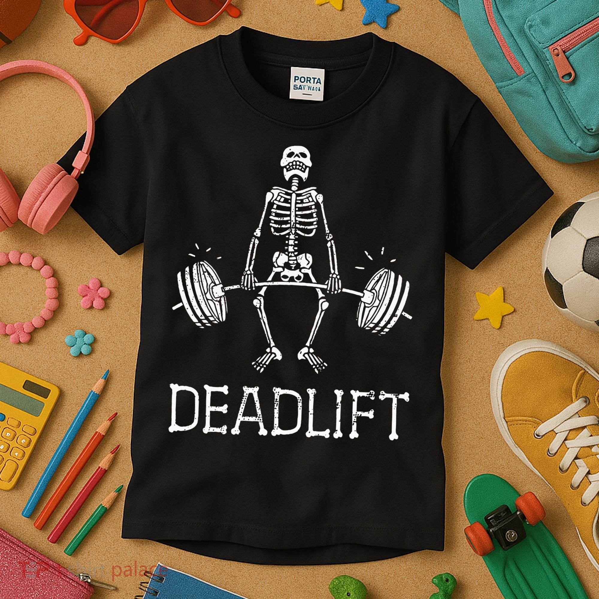 DEADLIFT Funny Halloween Skeleton Weight Lifting Workout Kids T-Shirt