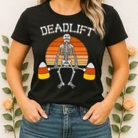 Deadlift Funny Halloween Skeleton Candy Corn Gym Workout Women's T-Shirt thumb 2