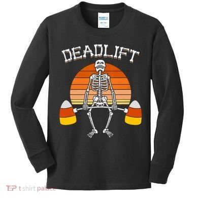Deadlift Funny Halloween Skeleton Candy Corn Gym Workout Kids Long Sleeve Shirt