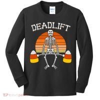 Deadlift Funny Halloween Skeleton Candy Corn Gym Workout Kids Long Sleeve Shirt thumb 0