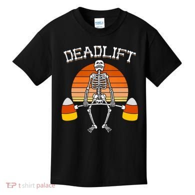 Deadlift Funny Halloween Skeleton Candy Corn Gym Workout Kids T-Shirt