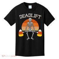 Deadlift Funny Halloween Skeleton Candy Corn Gym Workout Kids T-Shirt thumb 0