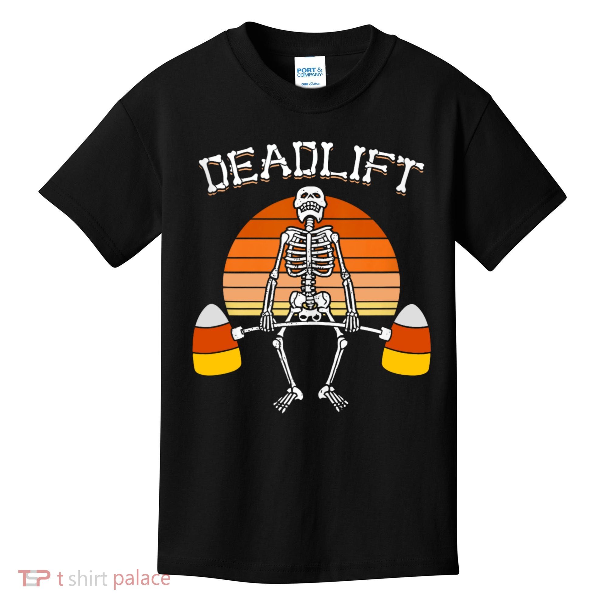Deadlift Funny Halloween Skeleton Candy Corn Gym Workout Kids T-Shirt