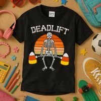 Deadlift Funny Halloween Skeleton Candy Corn Gym Workout Kids T-Shirt thumb 3