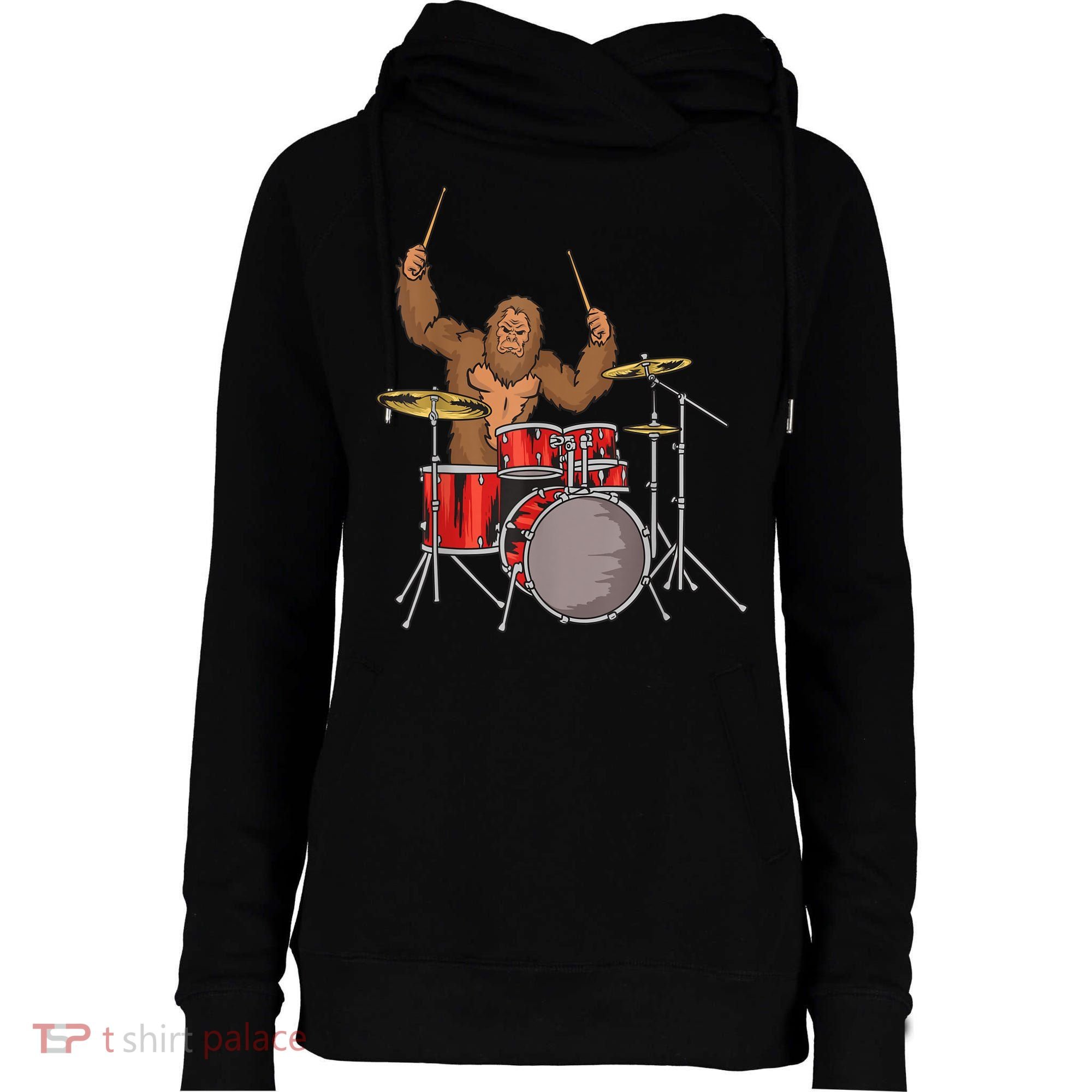 Drummer Funny Sasquatch Bigfoot Drumming Womens Funnel Neck Pullover Hood