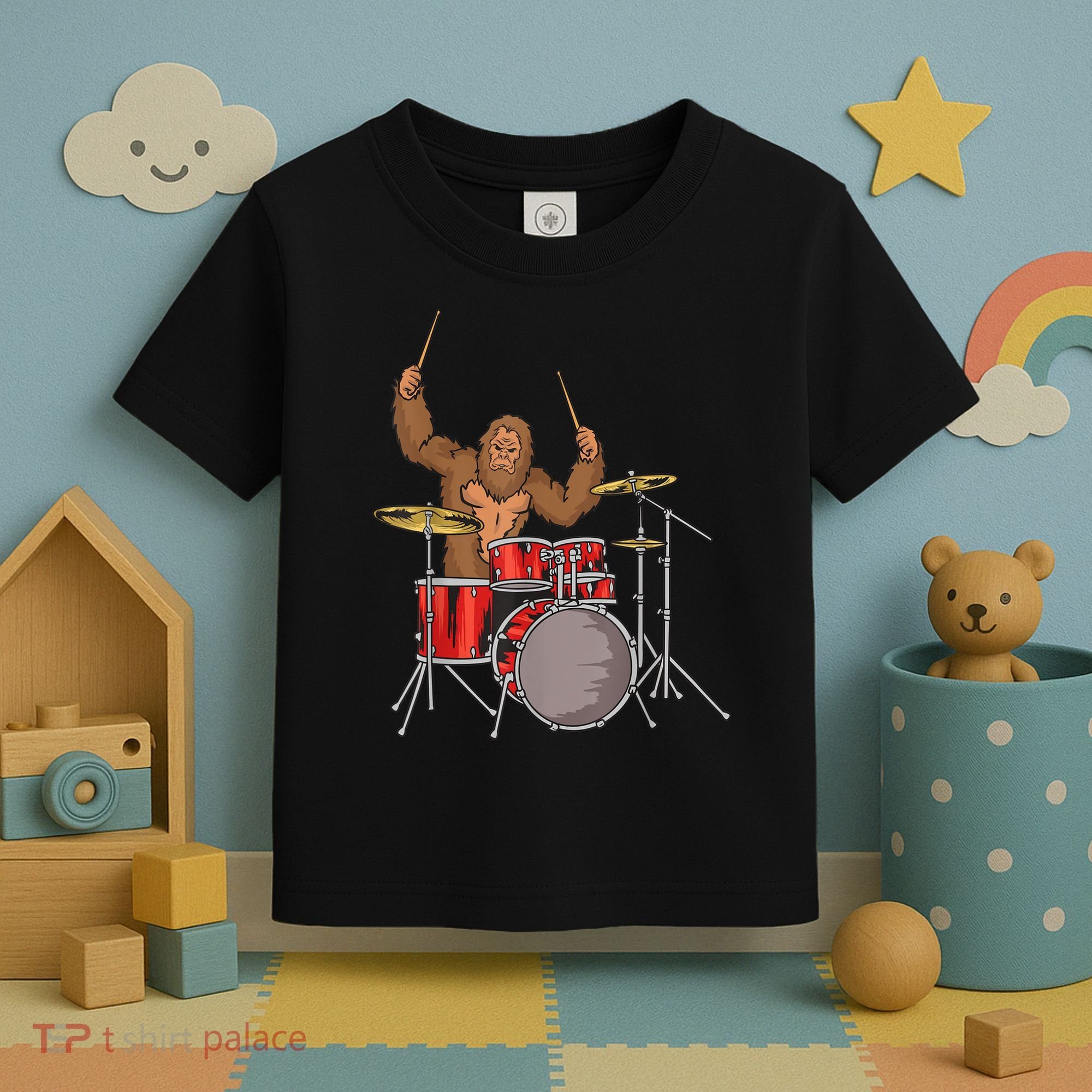 Drummer Funny Sasquatch Bigfoot Drumming Toddler T-Shirt