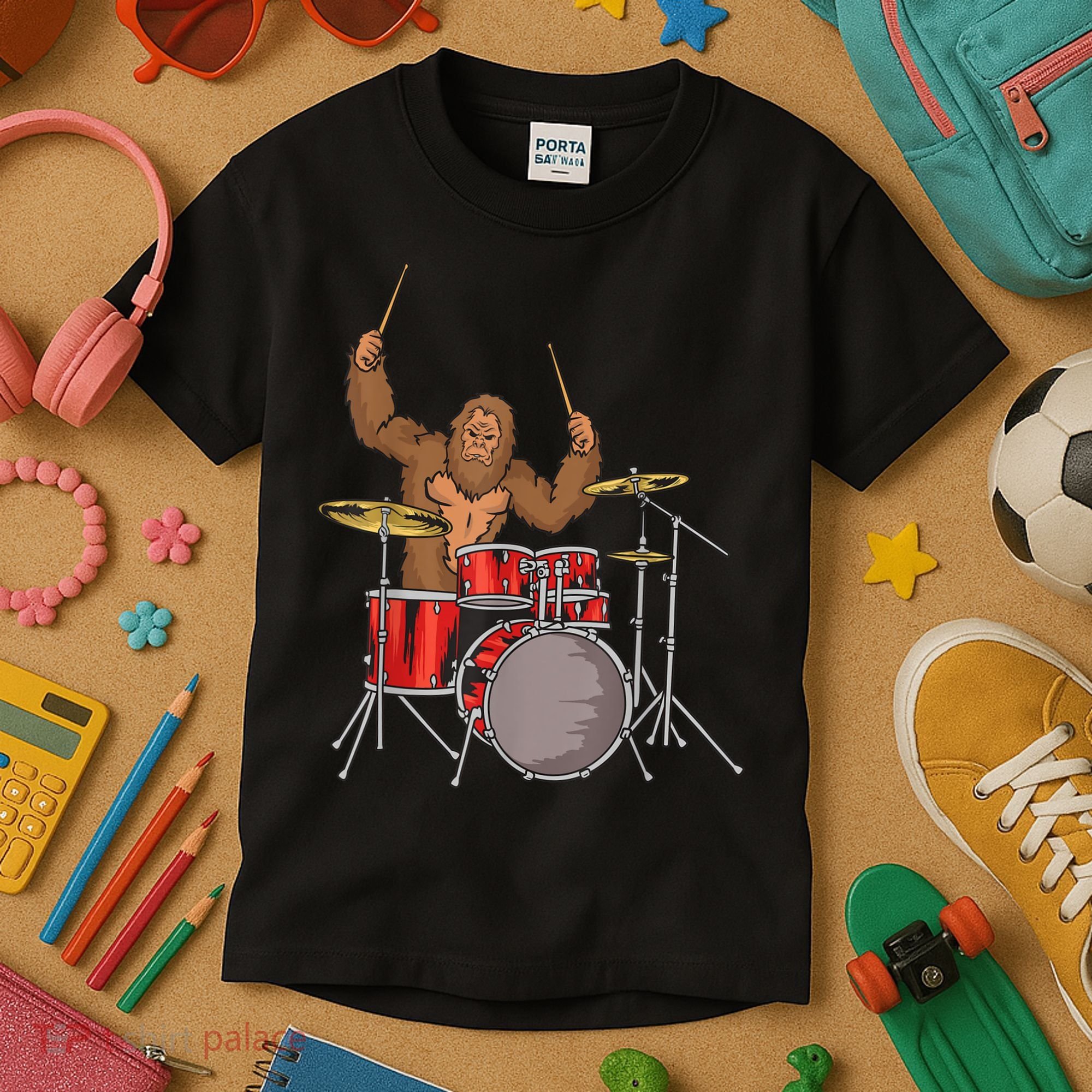 Drummer Funny Sasquatch Bigfoot Drumming Kids T-Shirt