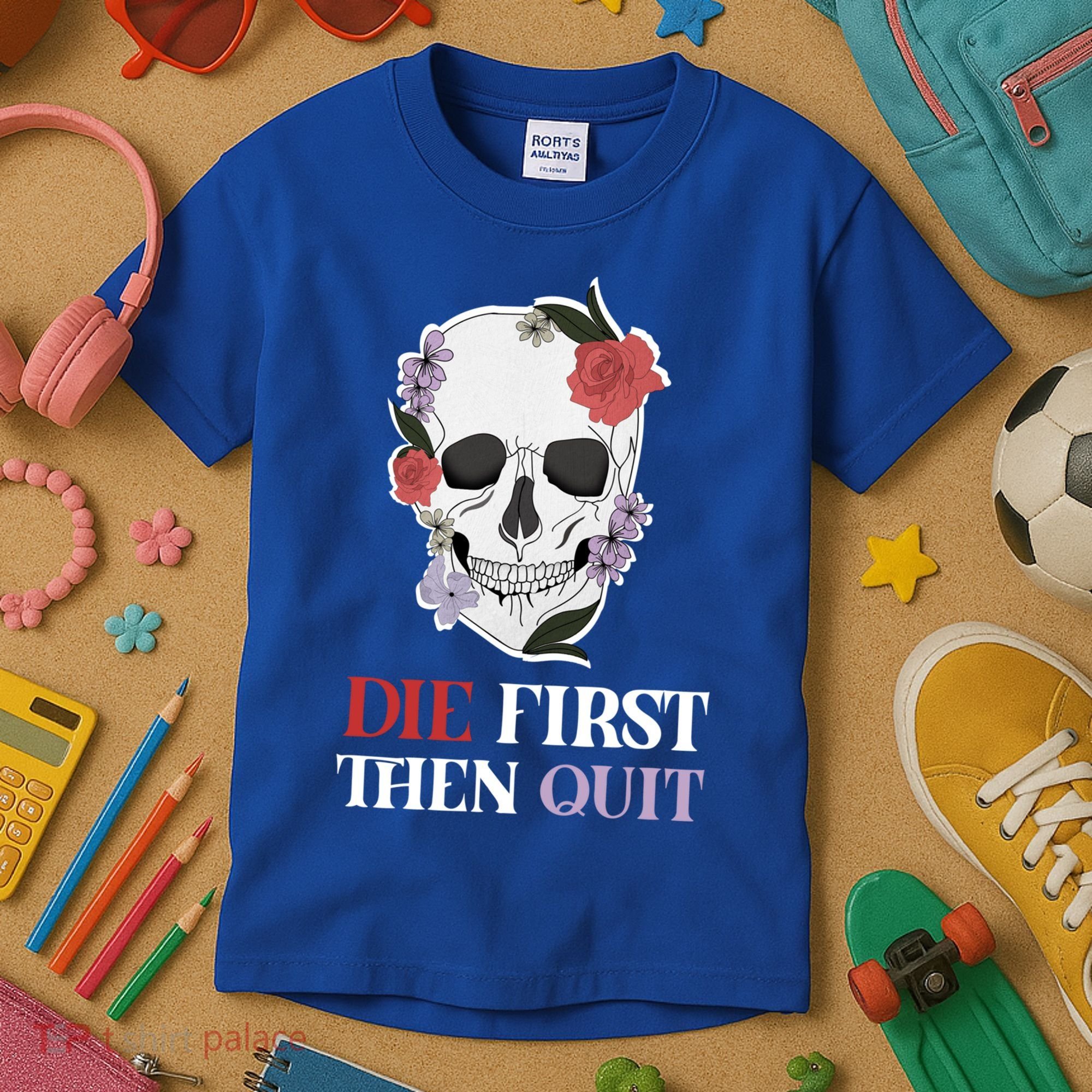 Die First Then Quit Motivational Quote Rose Skull Floral Cool Gift Kids T-Shirt
