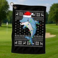 Dolphin Fish Ugly Xmas Sweater Style Santa Dolphin Christmas Meaningful Gift Golf Towel thumb 1