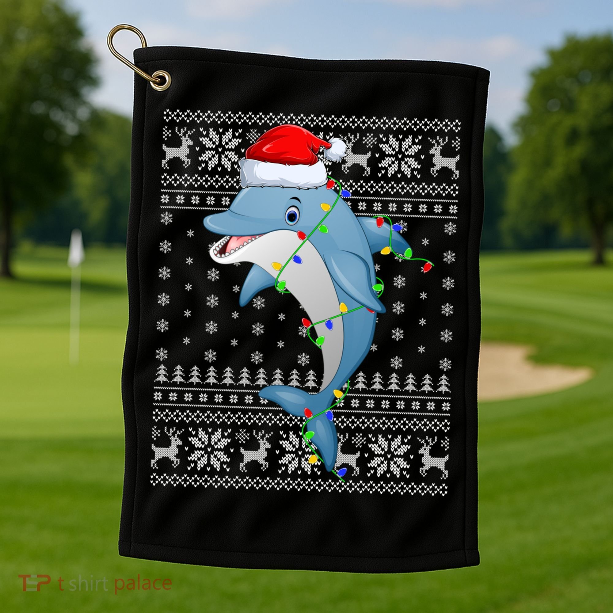 Dolphin Fish Ugly Xmas Sweater Style Santa Dolphin Christmas Meaningful Gift Golf Towel