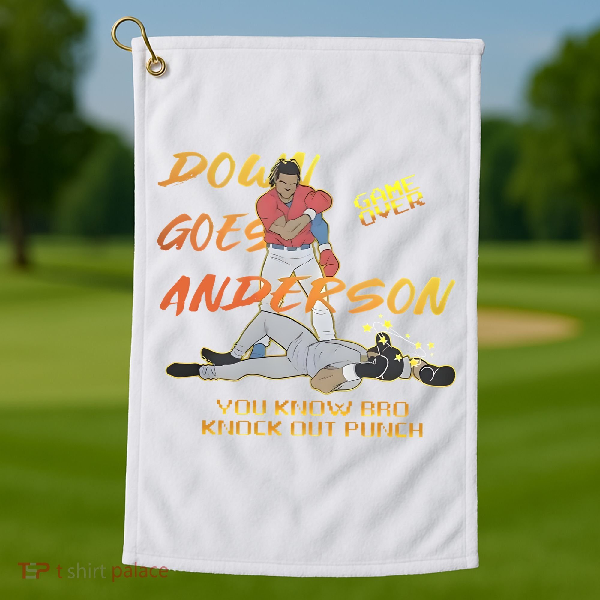 Down Goes Anderson Funny Baseball Meme Golf Towel