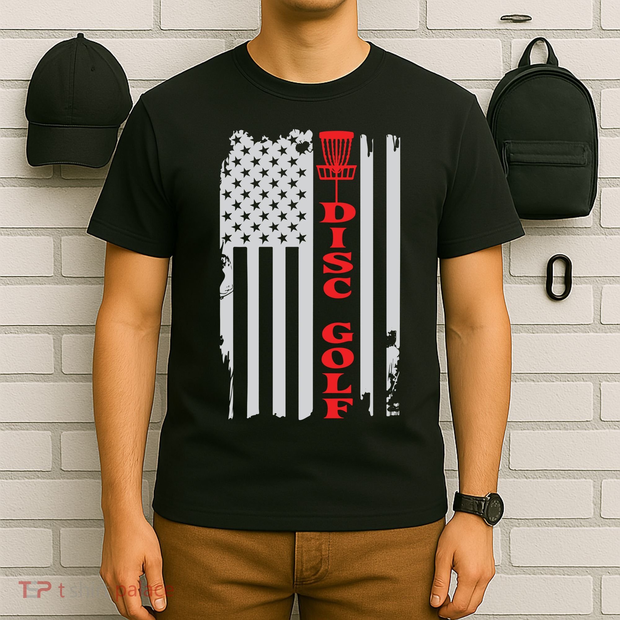 Disc Golf Basket American Flag Gift For Disc Golfers T-Shirt
