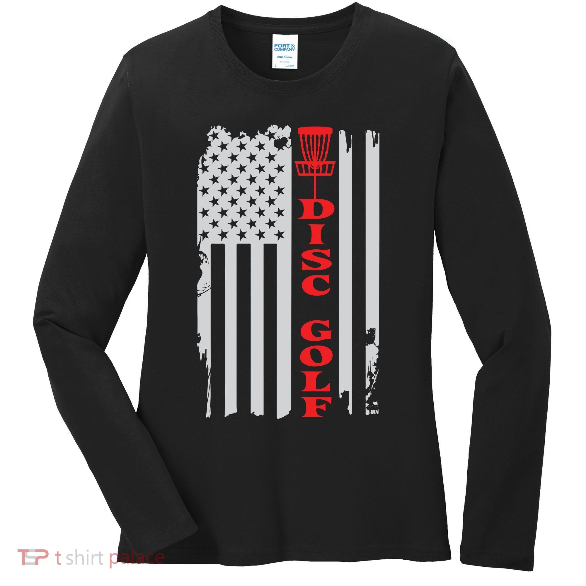 Disc Golf Basket American Flag Gift For Disc Golfers Women's Long Sleeve Shirt