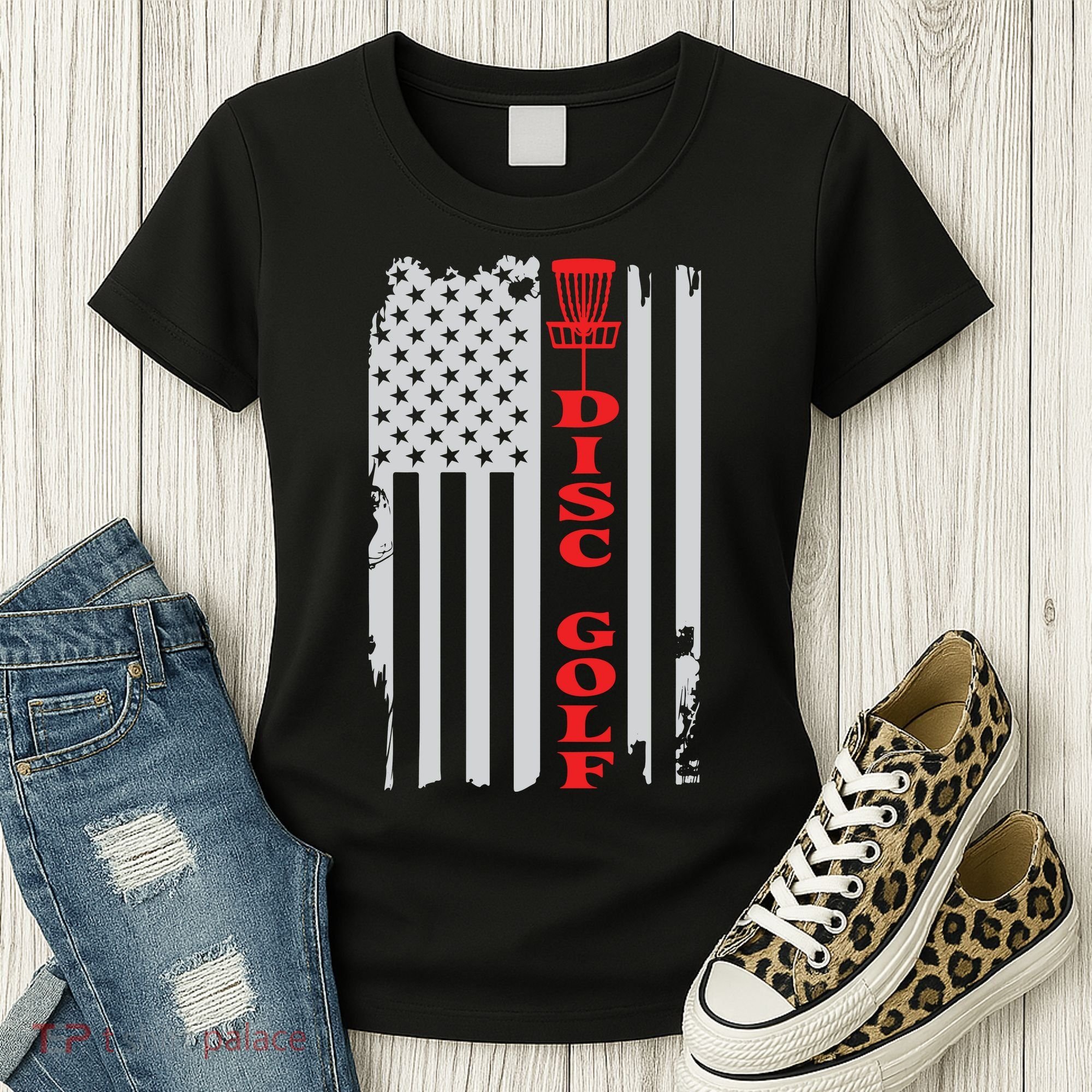 Disc Golf Basket American Flag Gift For Disc Golfers Women's T-Shirt