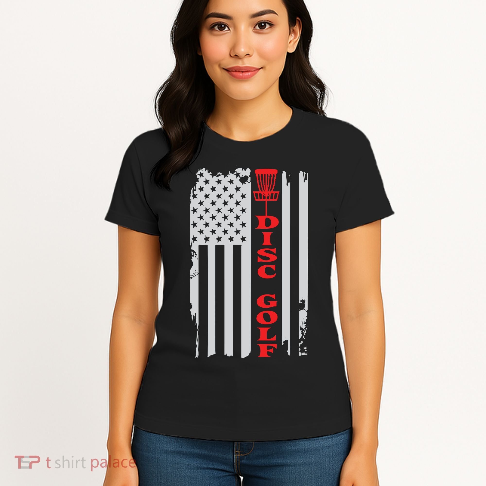 Disc Golf Basket American Flag Gift For Disc Golfers Women's T-Shirt