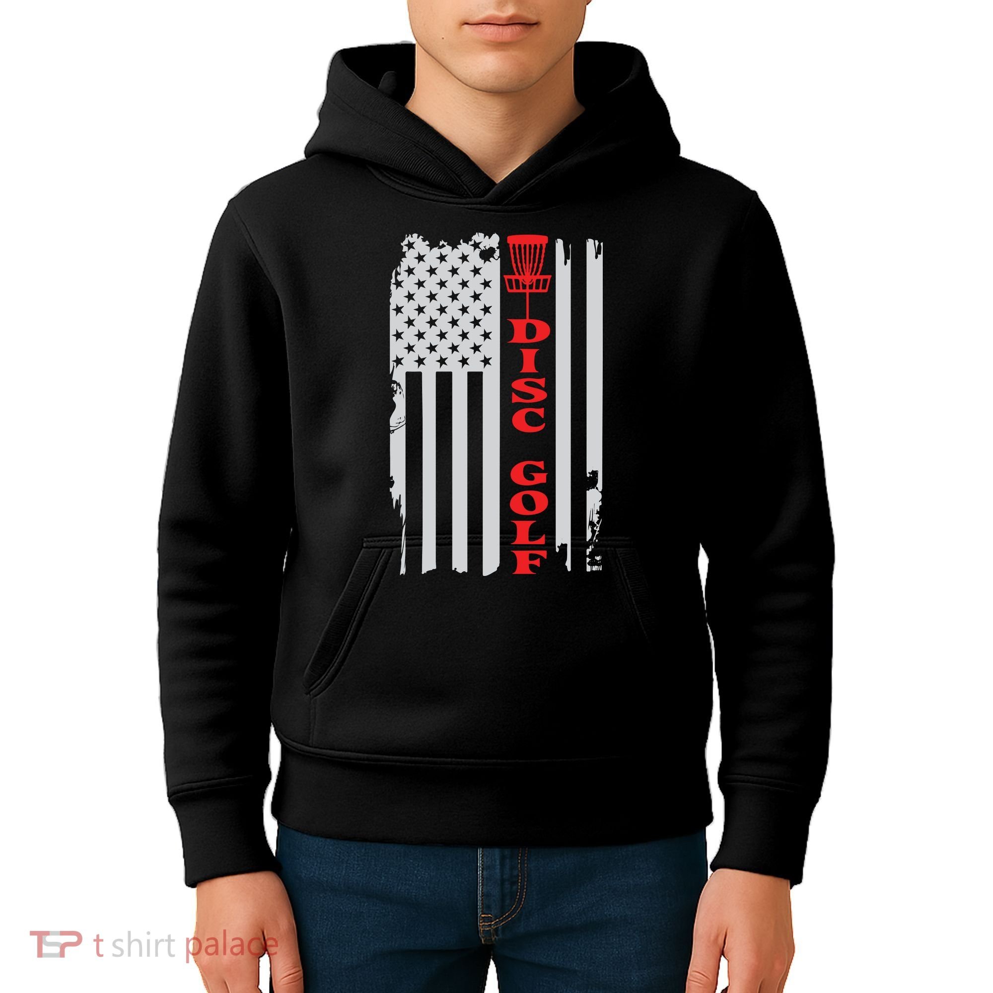 Disc Golf Basket American Flag Gift For Disc Golfers Kids Hoodie