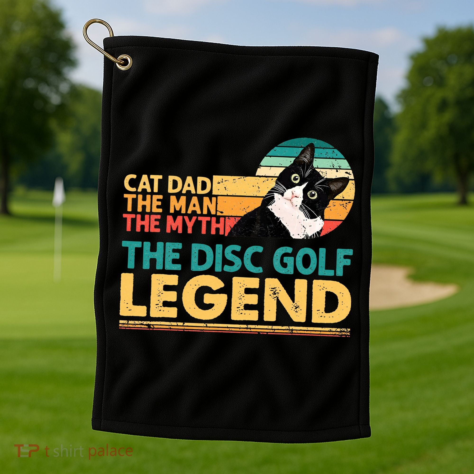 Disc Golf Cat The Disc Golf Legend Outfit Retro Sunset Golf Towel