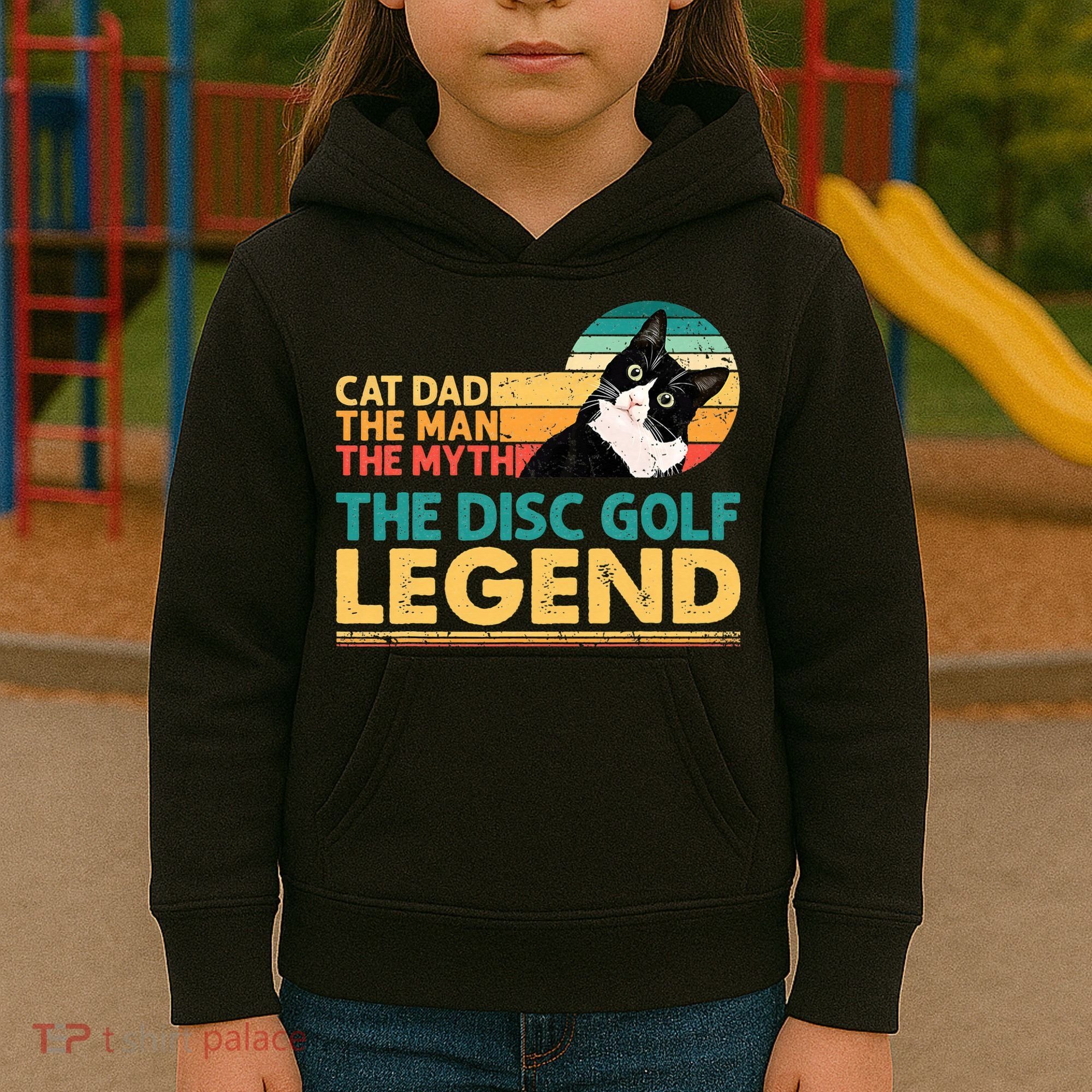 Disc Golf Cat The Disc Golf Legend Outfit Retro Sunset Kids Hoodie