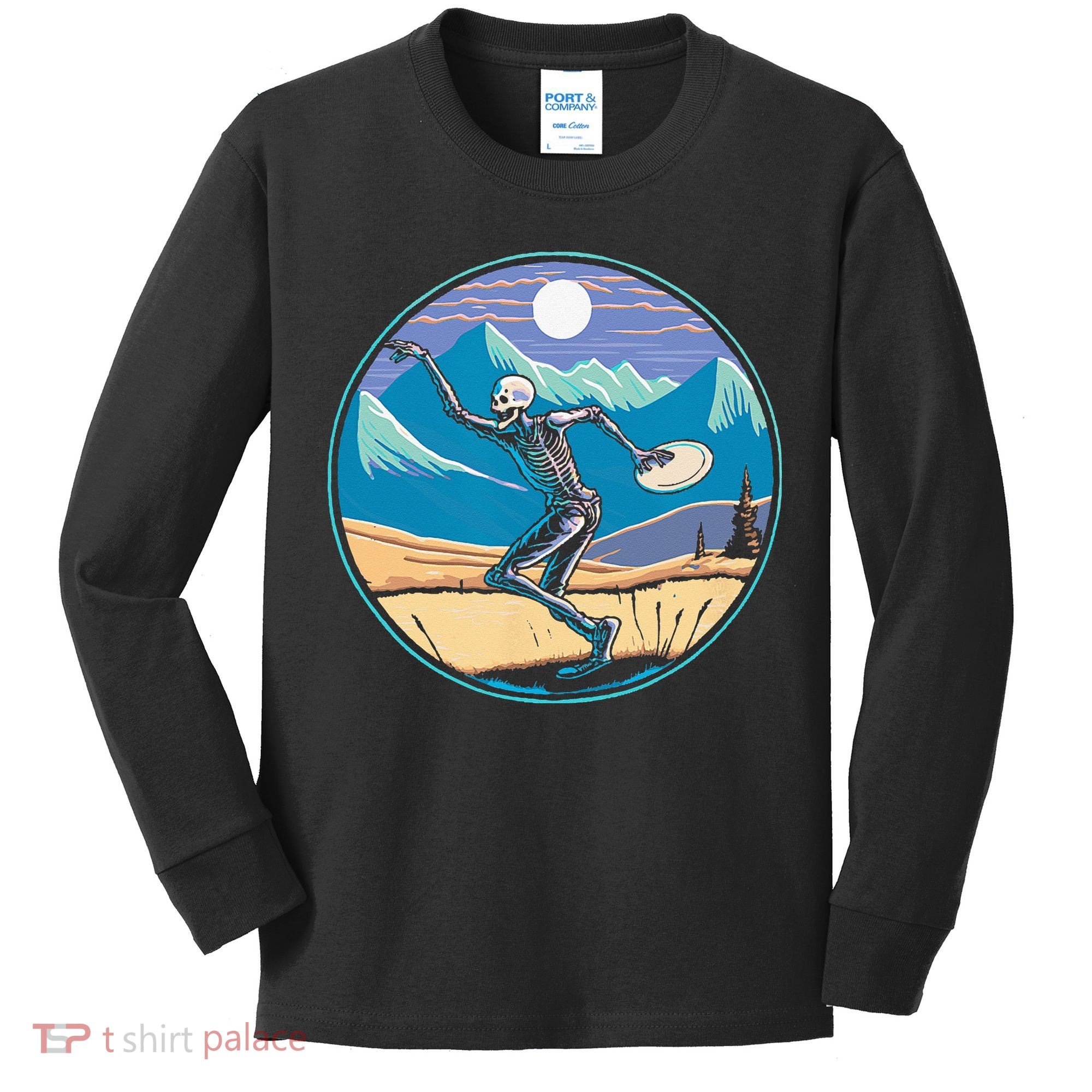 Disc Golf Player Skeleton Disc Golfer Funny Outdoor Nature Kids Long Sleeve Shirt