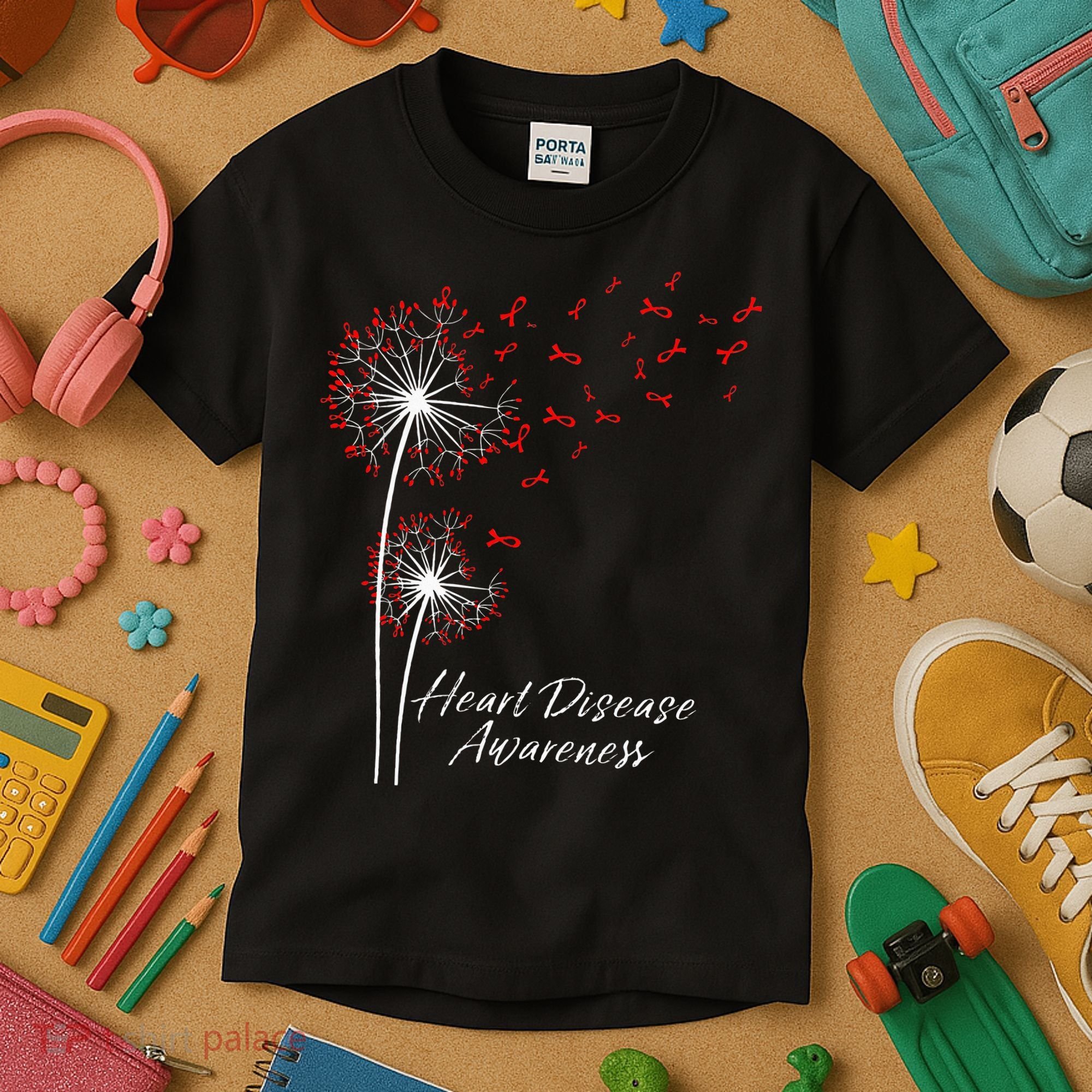 Dandelion Go Red Ribbon Heart Disease Awareness Month Kids T-Shirt