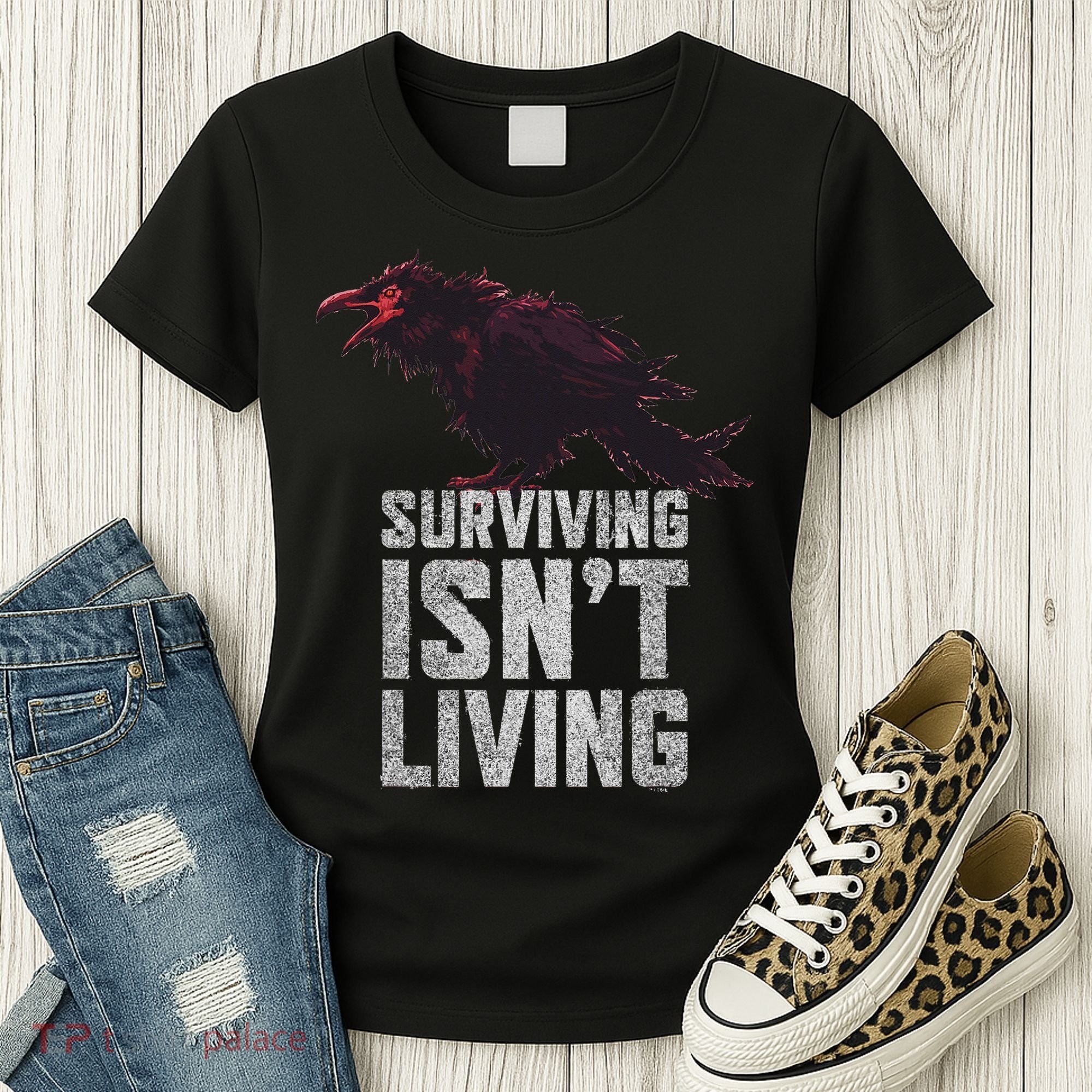 Days Gone Surving Isnt Living Corw Quote Big Chest Logo Women's T-Shirt