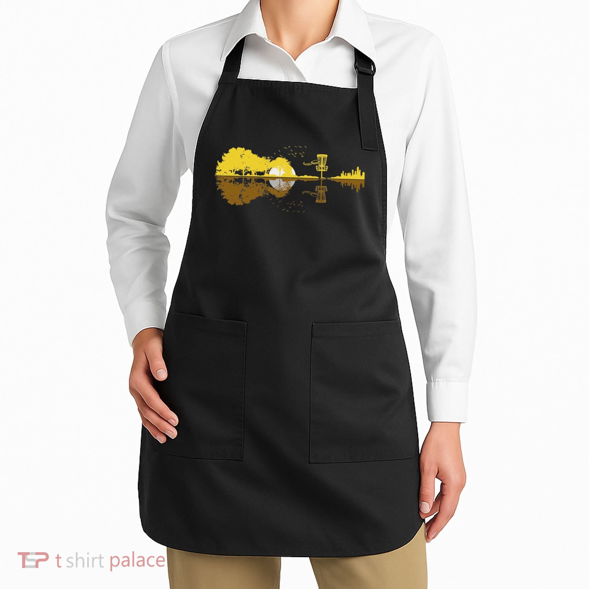 Disc Golf Sunset Guitar Guitarist Player Golfing Frisbee Dad Apron