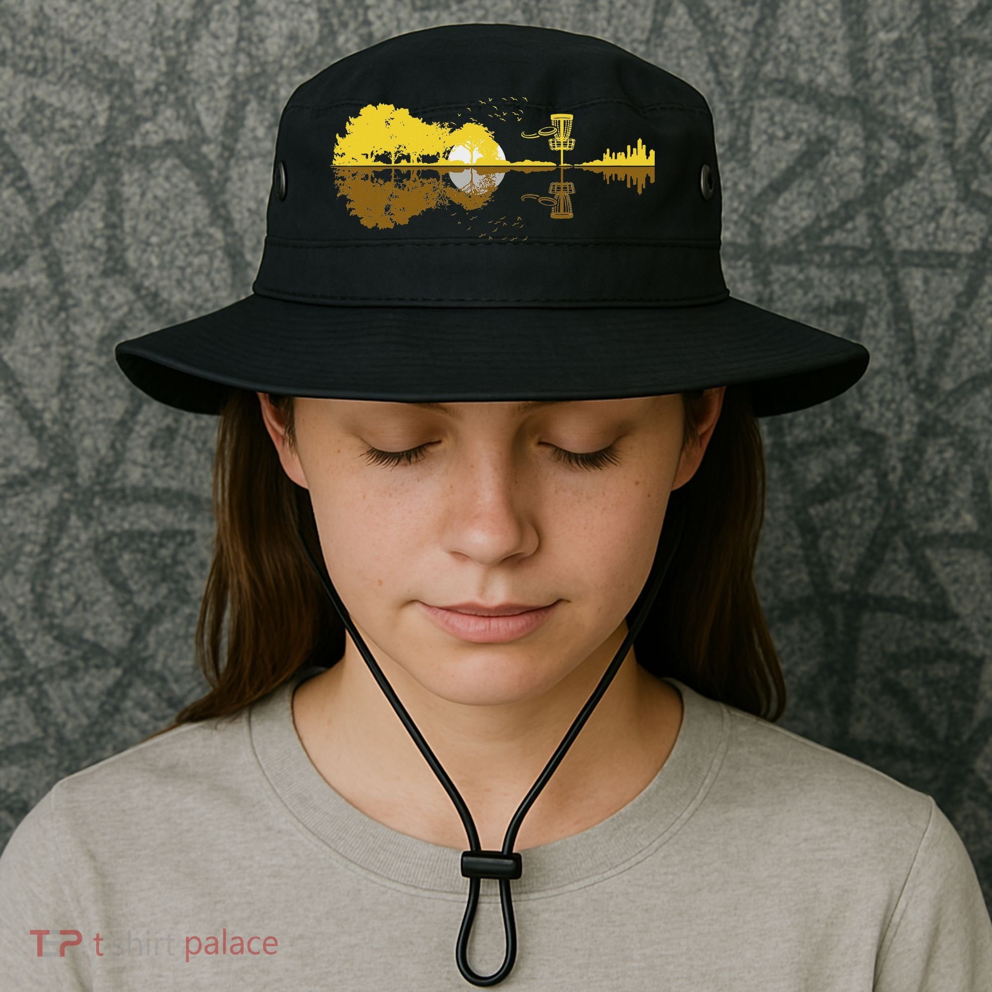 Disc Golf Sunset Guitar Guitarist Player Golfing Frisbee Dad Bucket Hat