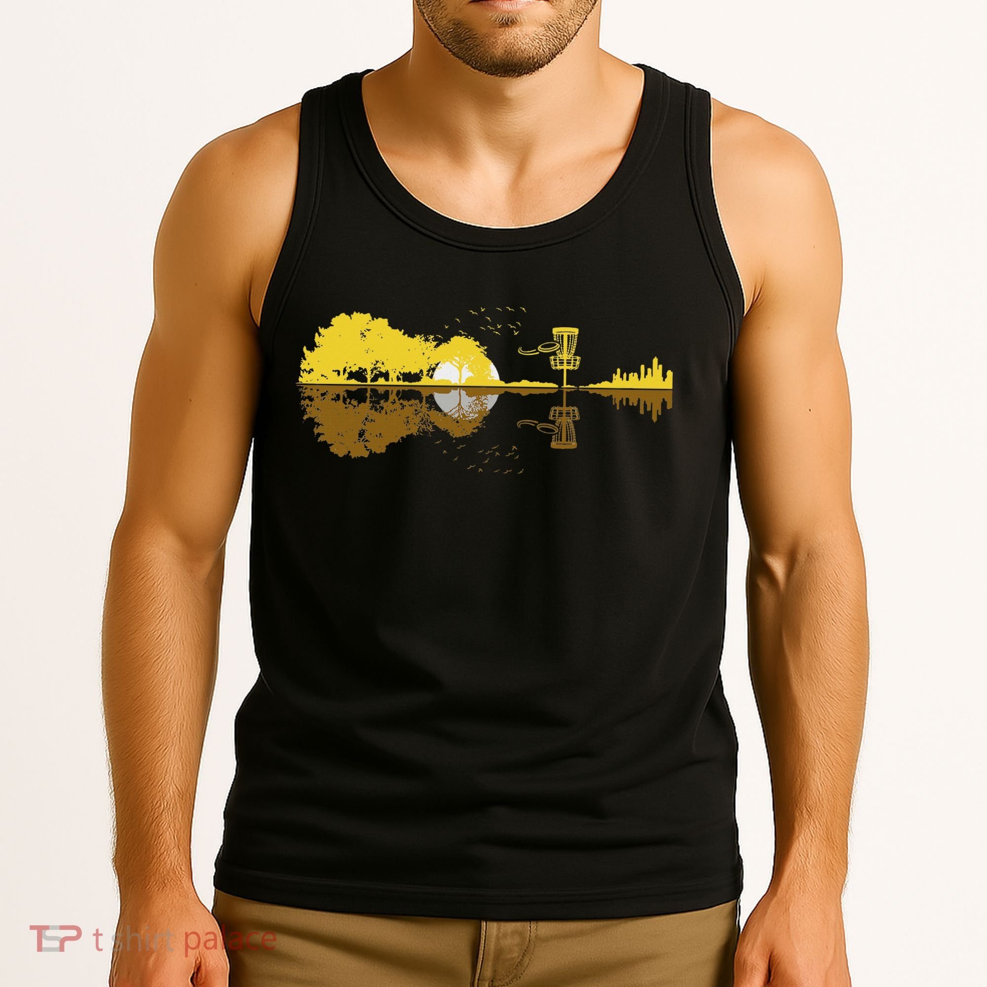 Disc Golf Sunset Guitar Guitarist Player Golfing Frisbee Dad Tank Top