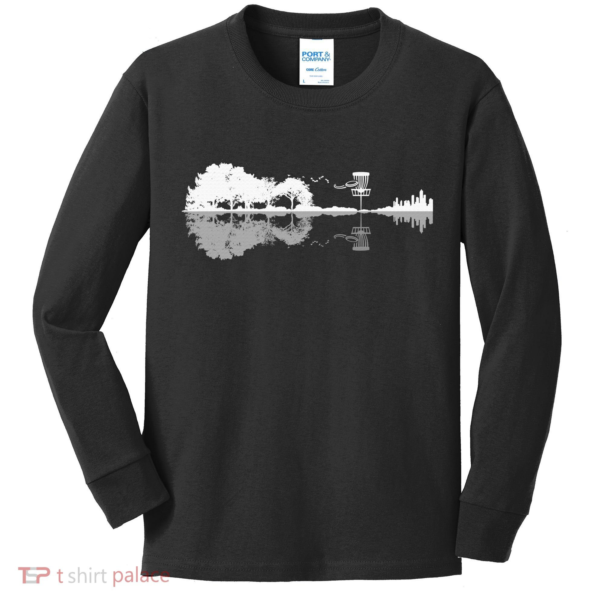 Disc Golf Sunset Guitar Guitarist Player Golfing Golfer Gift Kids Long Sleeve Shirt