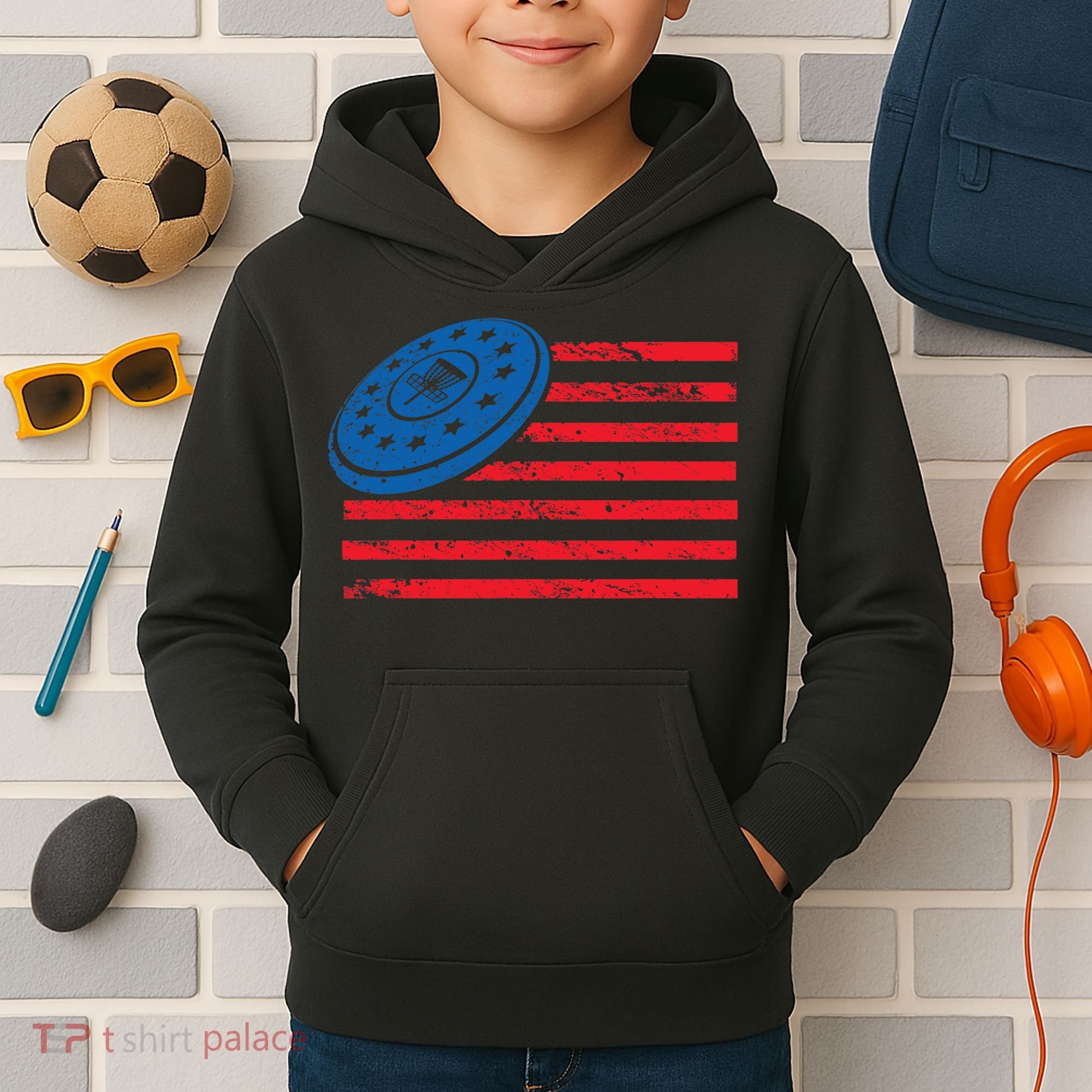 Disc Golf T USA Flag Disc Golf Kids Hoodie