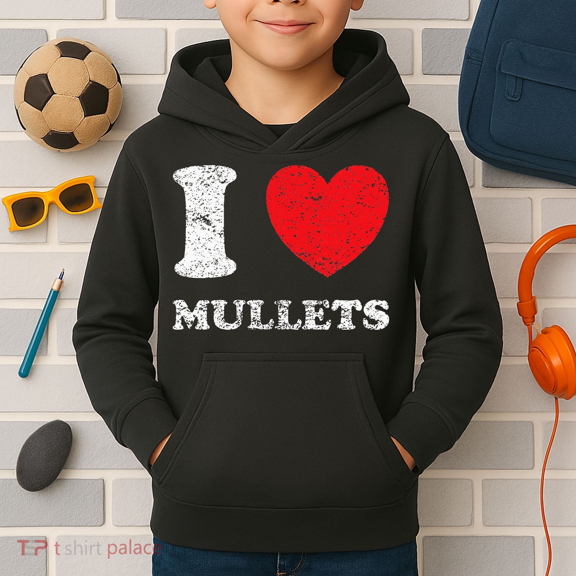 Distressed Grunge Worn Out Style I Love Mullets Kids Hoodie
