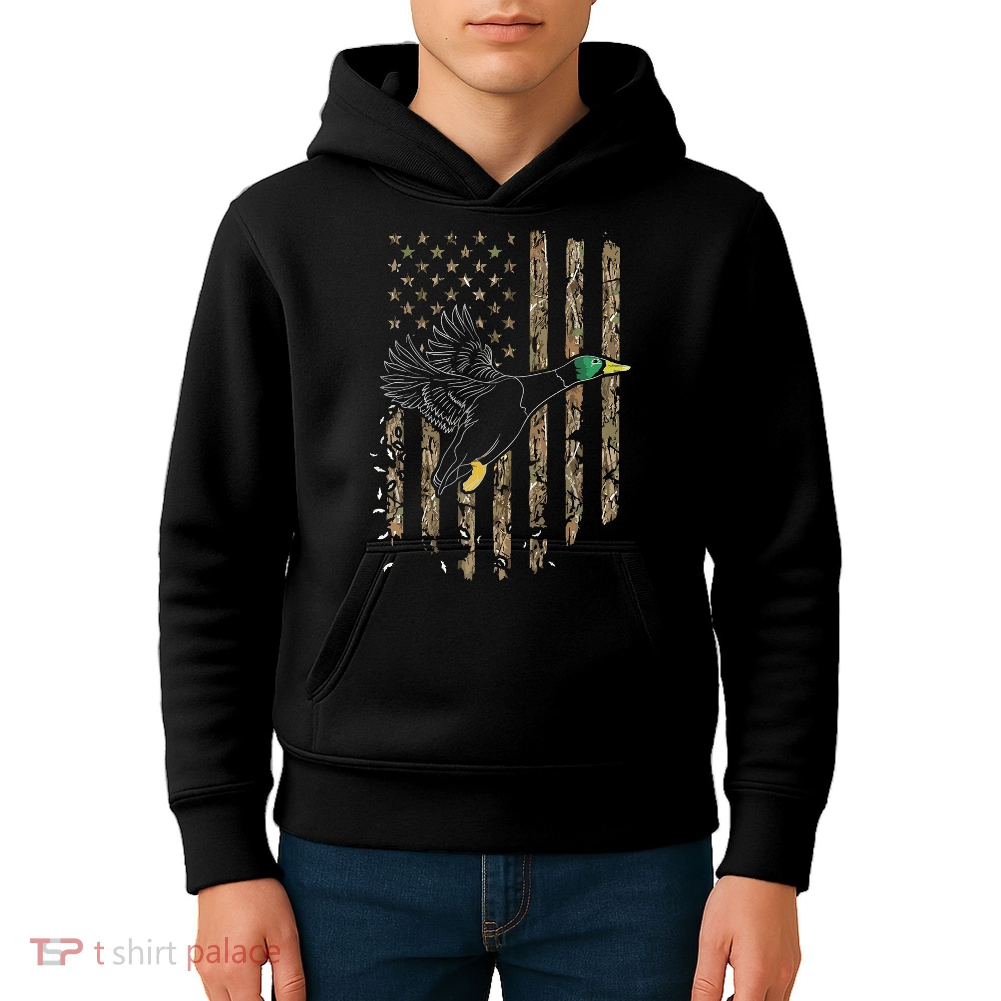 Duck Hunter American Flag Waterfowl Hunting Camouflage Kids Hoodie