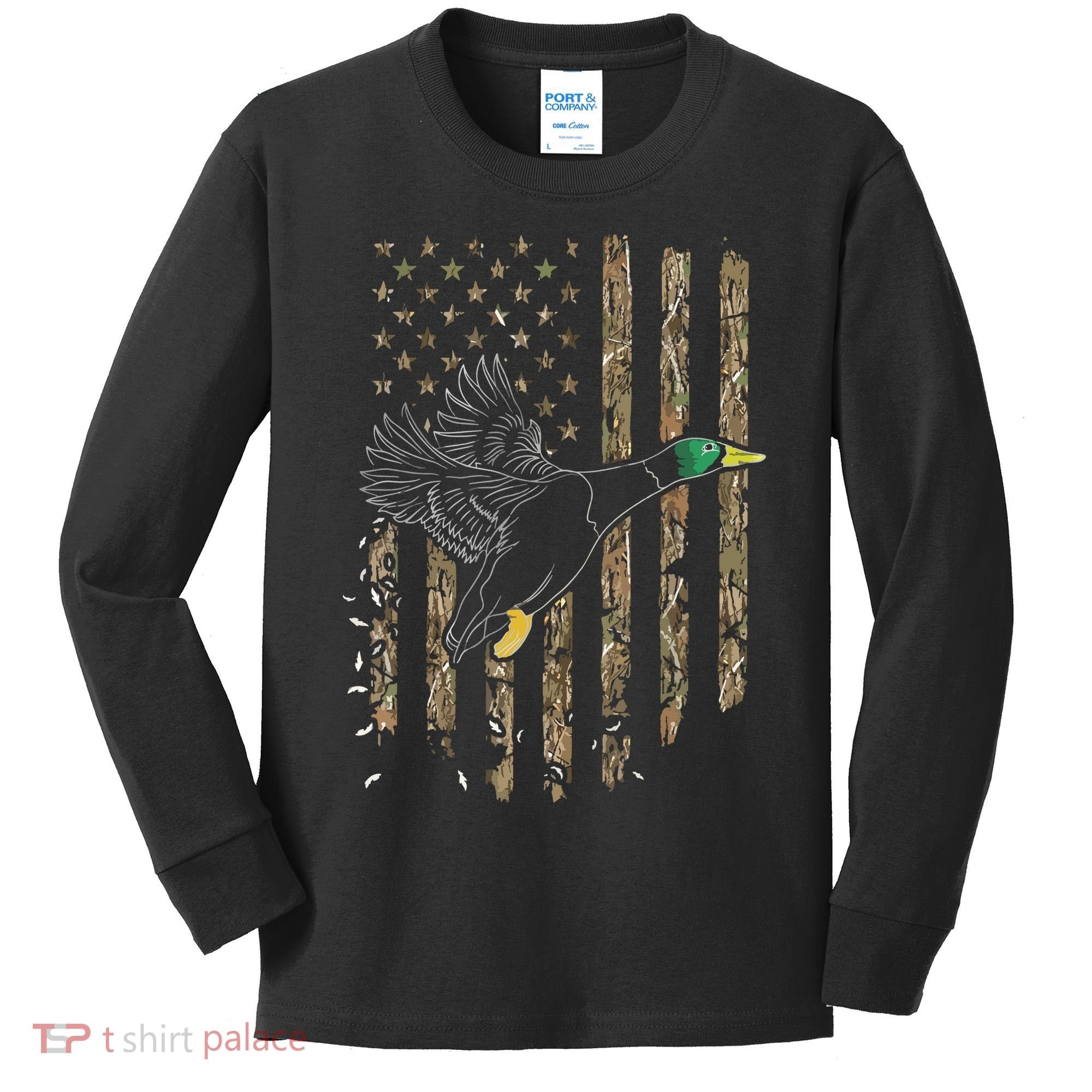 Duck Hunter American Flag Waterfowl Hunting Camouflage Kids Long Sleeve Shirt