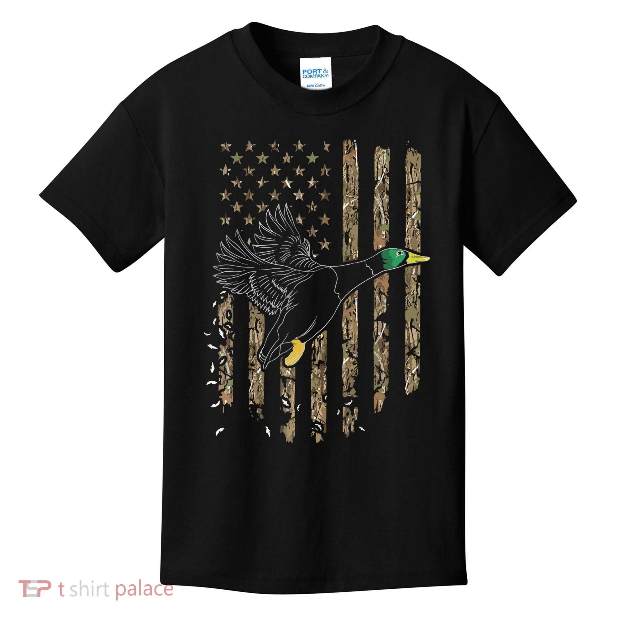 Duck Hunter American Flag Waterfowl Hunting Camouflage Kids T-Shirt