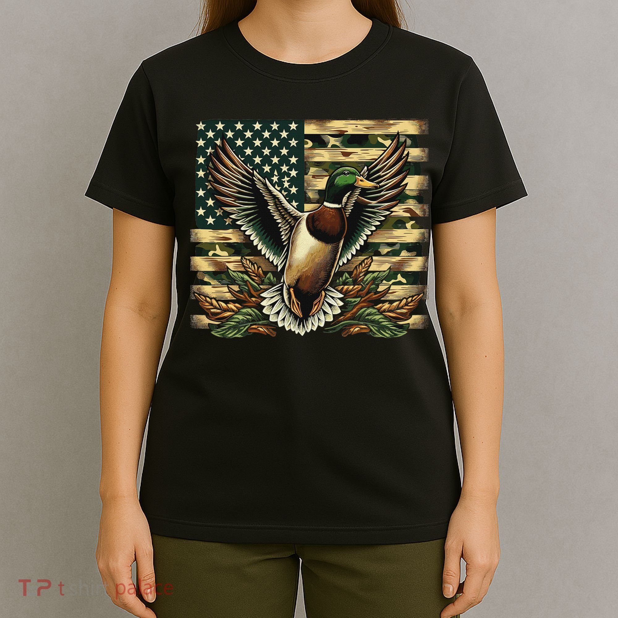 Duck Hunter American Flag Camouflage Hunting T-Shirt