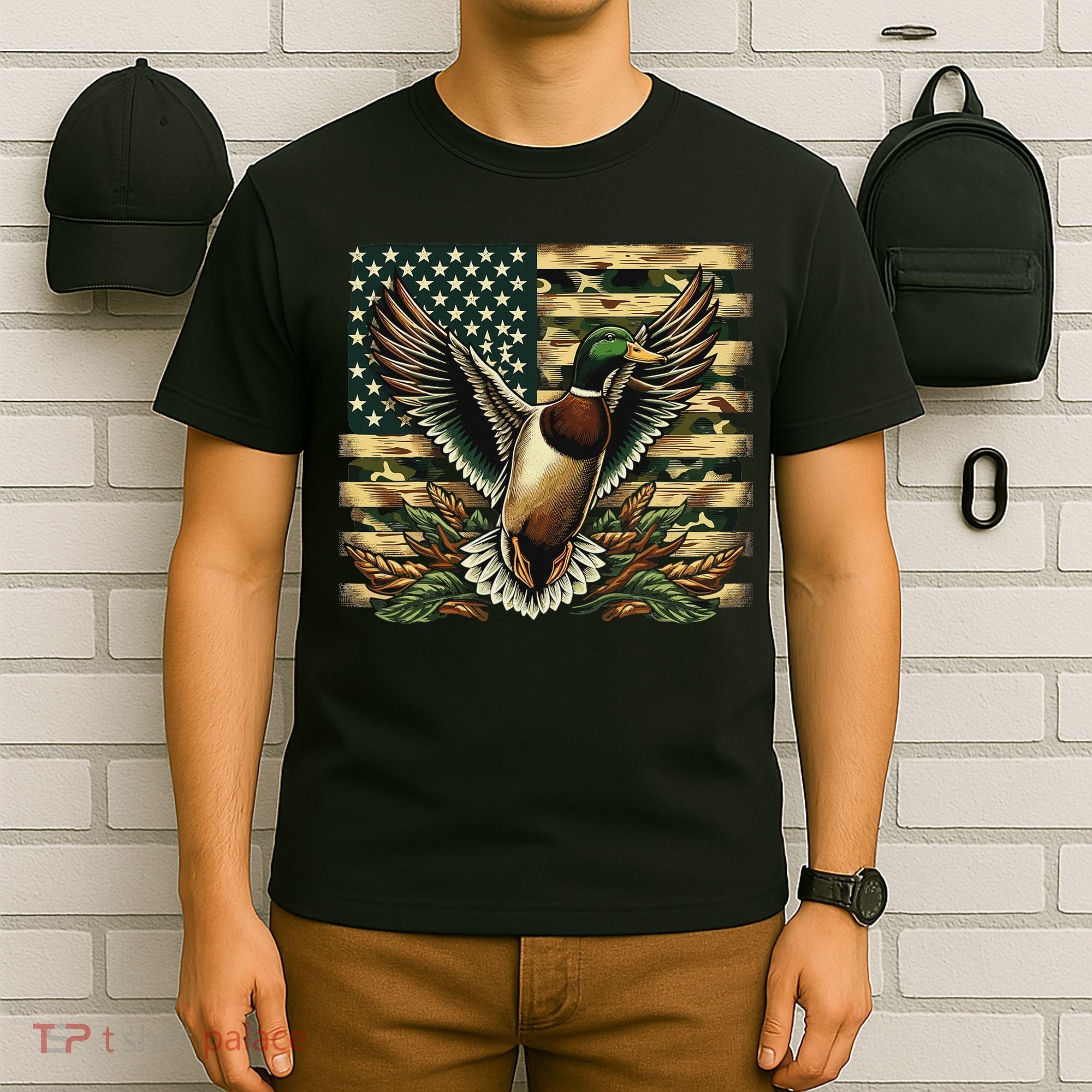 Duck Hunter American Flag Camouflage Hunting T-Shirt