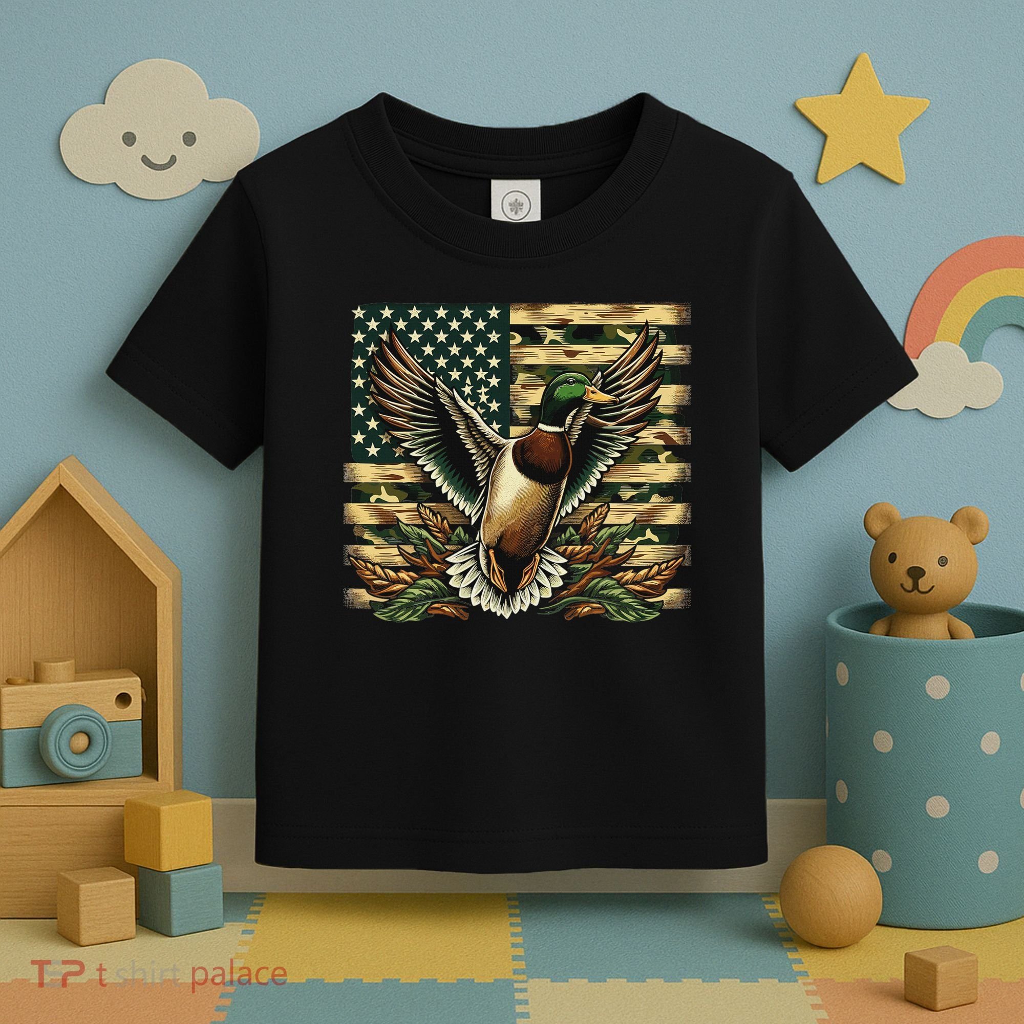 Duck Hunter American Flag Camouflage Hunting Toddler T-Shirt