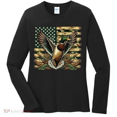 Duck Hunter American Flag Camouflage Hunting Women's Long Sleeve Shirt