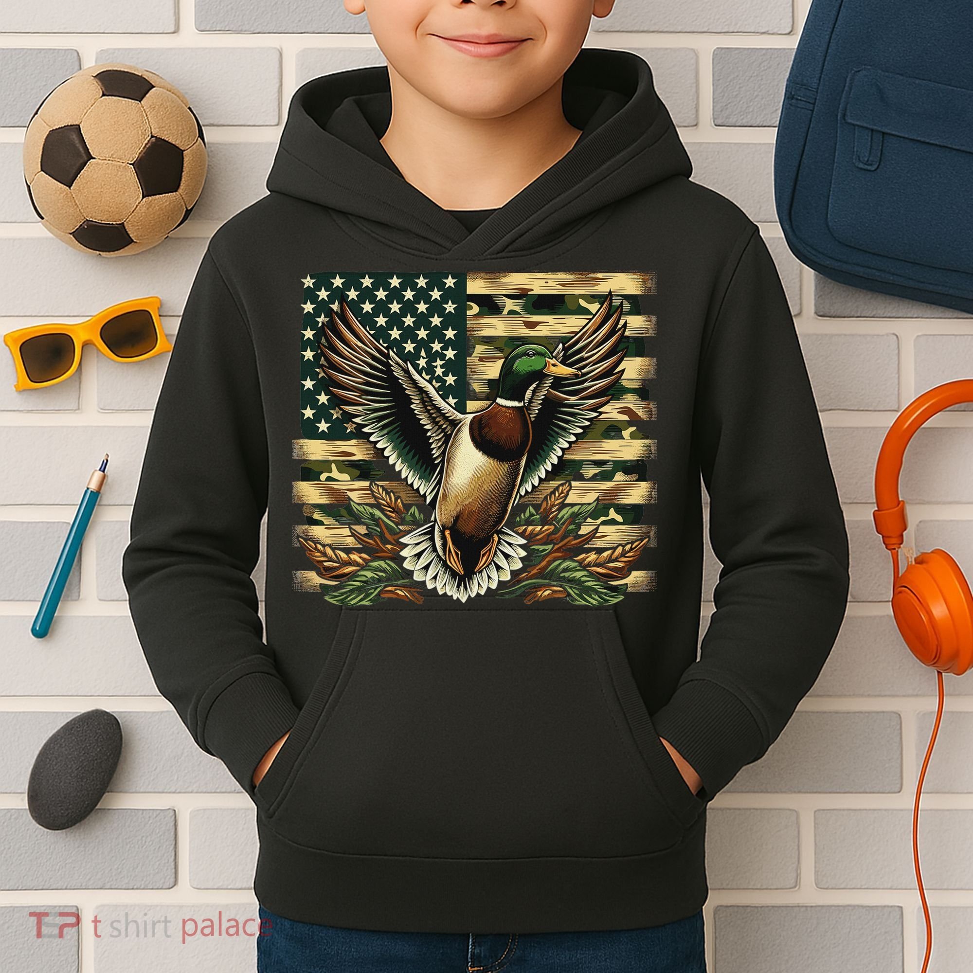 Duck Hunter American Flag Camouflage Hunting Kids Hoodie
