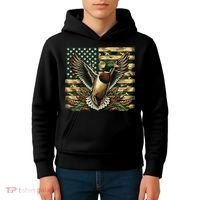 Duck Hunter American Flag Camouflage Hunting Kids Hoodie thumb 4