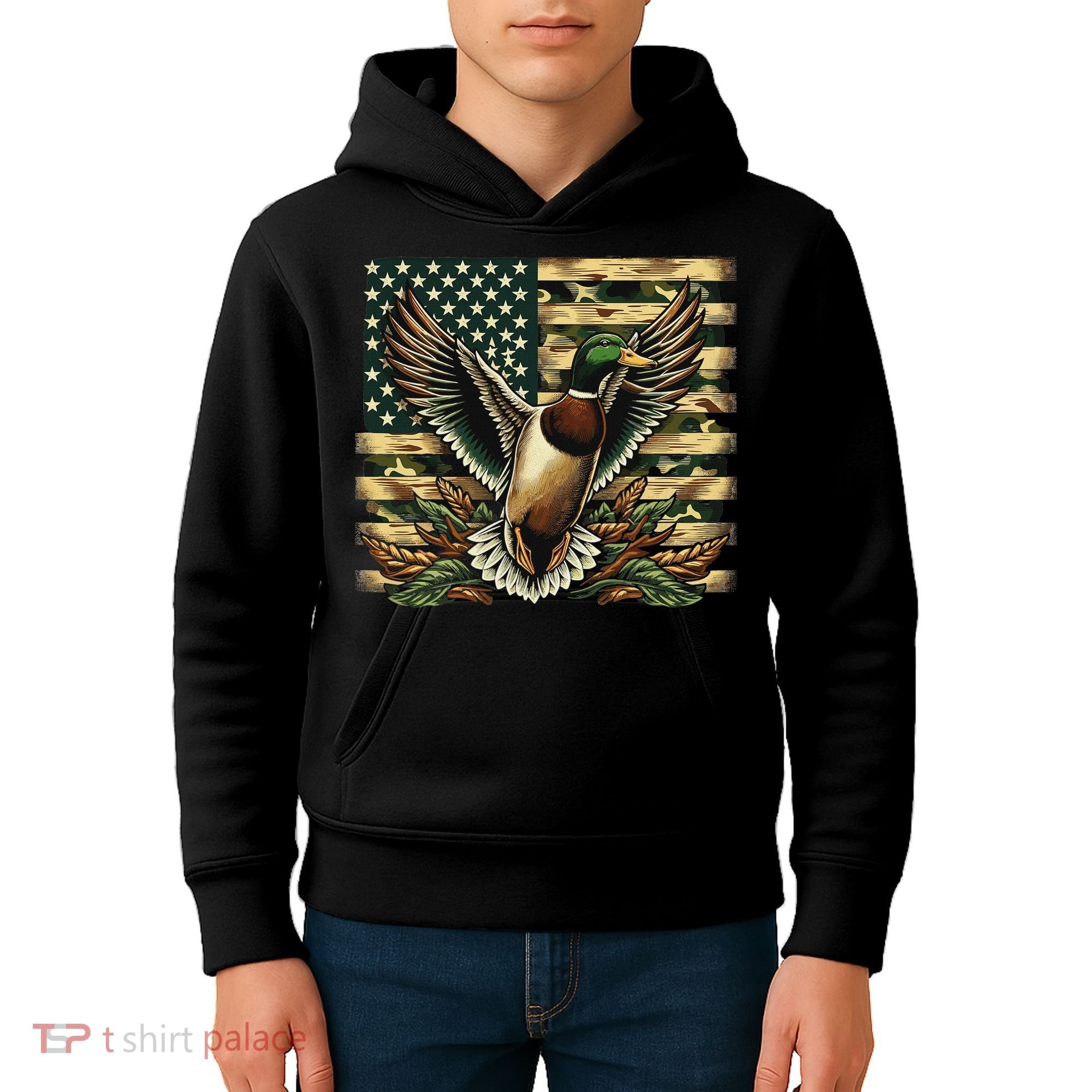 Duck Hunter American Flag Camouflage Hunting Kids Hoodie