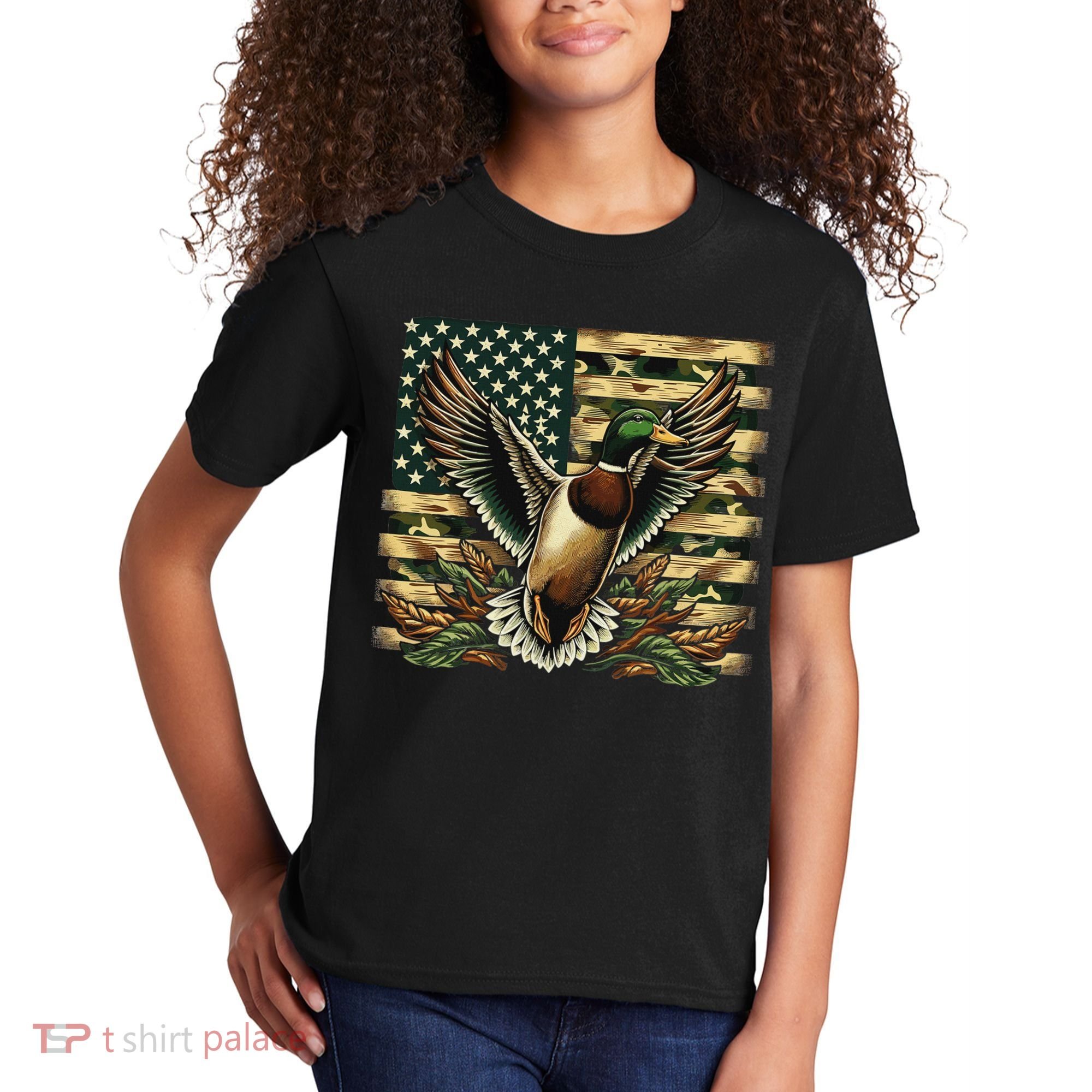 Duck Hunter American Flag Camouflage Hunting Kids T-Shirt