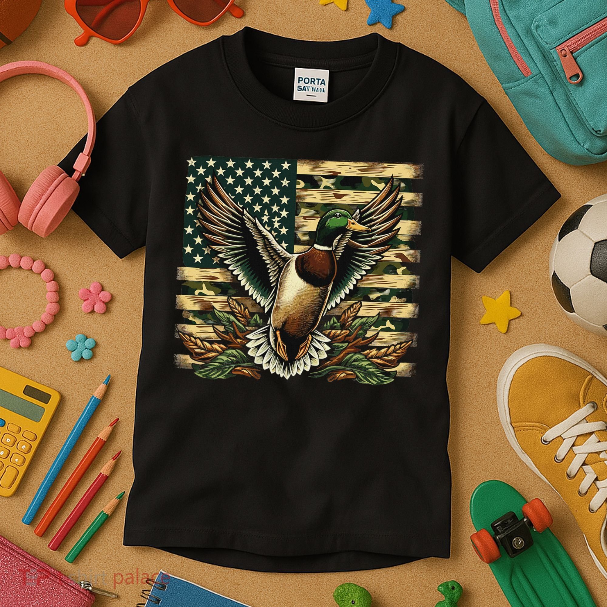Duck Hunter American Flag Camouflage Hunting Kids T-Shirt