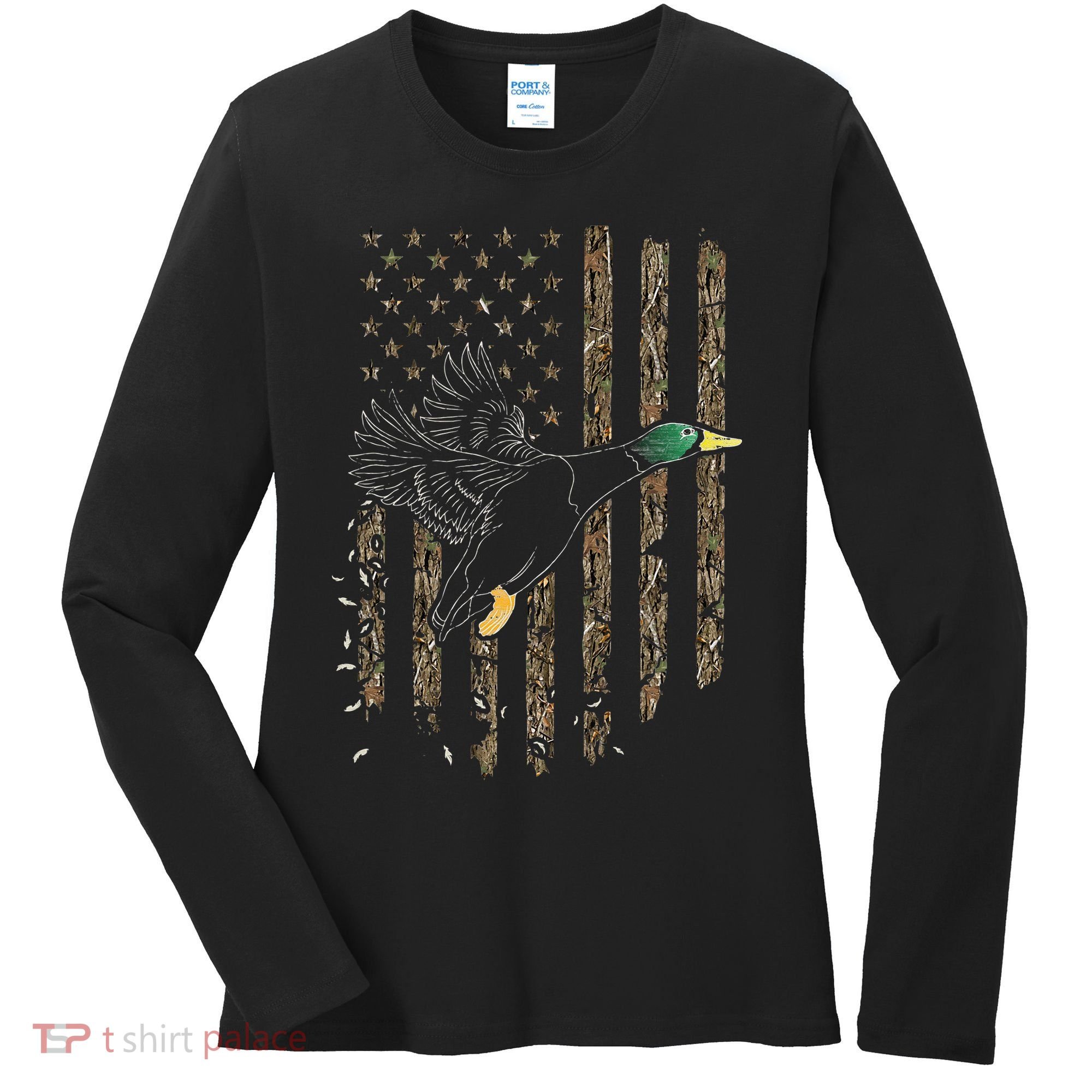 Duck Hunter American Flag Waterfowl Hunting Camouflage Women's Long Sleeve Shirt
