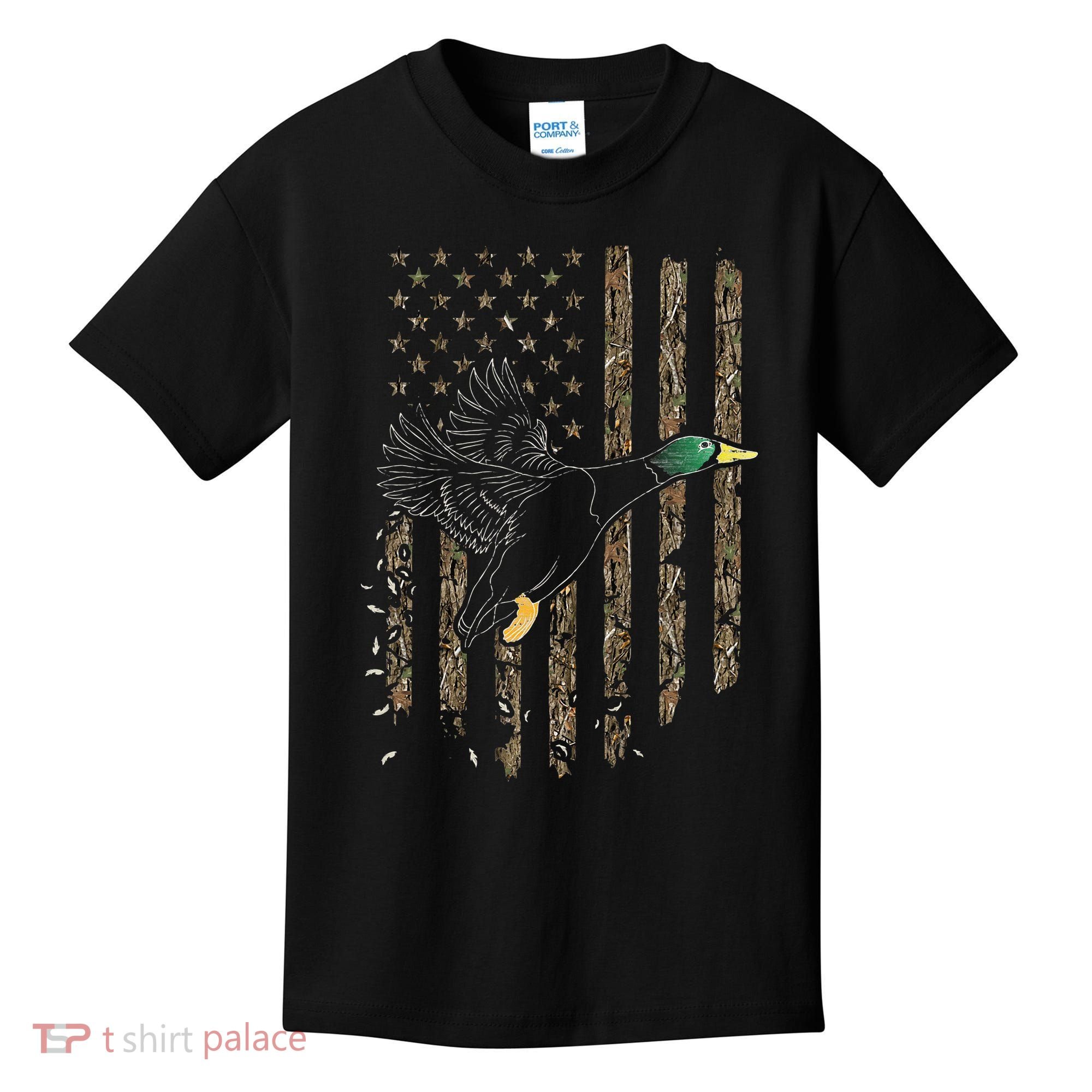 Duck Hunter American Flag Waterfowl Hunting Camouflage Kids T-Shirt